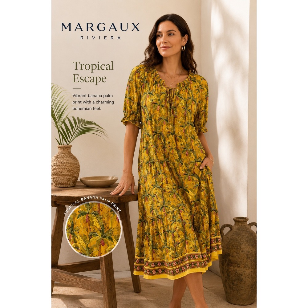 Margaux Riviera Yellow Banana Palm Tropical Print Midi Dress Boho‎ XL